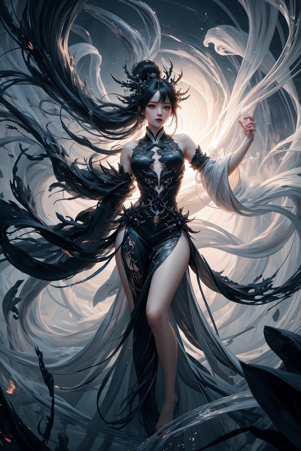 style of Karol Bak,the 1girl with white hanfu is standing in front of the black (chinese_dragon),bare legs,barefoot,dynamic pose,looking away,in the style of otherworldly beings,animecore,dark and menacing,intricate illustrations,delicate linework,fine details,whimsical patterns,enchanting scenes,dreamy visuals,captivating storytelling,gorecore,enigmatic characters,twisted characters,depth of field,floating,dynamic angle,long exposure,(motion blur):1.2,fluid movement,ethereal atmosphere,dreamy trails,dynamic energy,time-lapse effect,