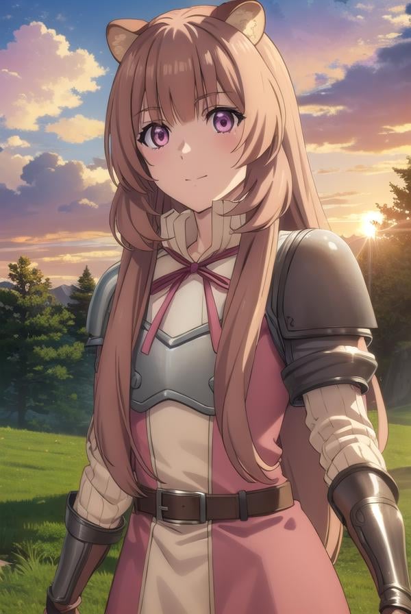 raphtalia, <lora:raphtalia s3-lora-nochekaiser:1>,raphtalia, long hair, bangs, brown hair, animal ears, raccoon ears, raccoon tail, raccoon girl, (pink eyes:1.3), smileBREAK long sleeves, sweater, ribbed sweater, puffy sleeves, breastplate, ribbon, red ribbon, gauntlets, glove, brown gloves, belt, skirt, armor,BREAK outdoors, forest, nature, sun, sky, trees, clouds, grass,BREAK looking at viewer, (cowboy shot:1.5),BREAK <lyco:GoodHands-beta2:1>, (masterpiece:1.2), best quality, high resolution, unity 8k wallpaper, (illustration:0.8), (beautiful detailed eyes:1.6), extremely detailed face, perfect lighting, extremely detailed CG, (perfect hands, perfect anatomy),