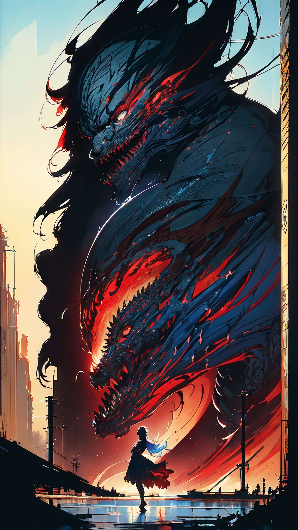 by Alex Ross and Makoto Shinkai, (lavish, masterful, beautiful:1.4), poster art, bold lines, hyper detailed, expressive, award winning, (monster:1.4), (intricate details, masterpiece, best quality:1.4), looking at viewer, dynamic pose, wide angle view, red and blue hue in the style of nicola samori