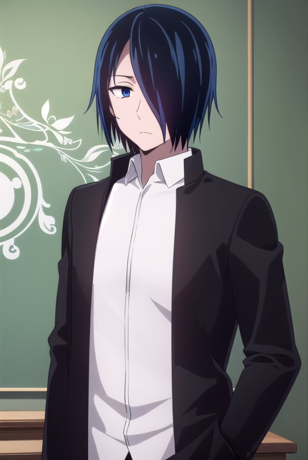 yuuishigami, <lora:yuu ishigami s3-lora-nochekaiser:1>,yuu ishigami, black hair, blue hair, male focus, (hair over one eye:1.5), (black eyes:1.3),BREAK shirt, school uniform, jacket, white shirt, open clothes, black jacket, gakuran,BREAK indoors, classroom,BREAK looking at viewer, (cowboy shot:1.5),BREAK <lyco:GoodHands-beta2:1>, (masterpiece:1.2), best quality, high resolution, unity 8k wallpaper, (illustration:0.8), (beautiful detailed eyes:1.6), extremely detailed face, perfect lighting, extremely detailed CG, (perfect hands, perfect anatomy),