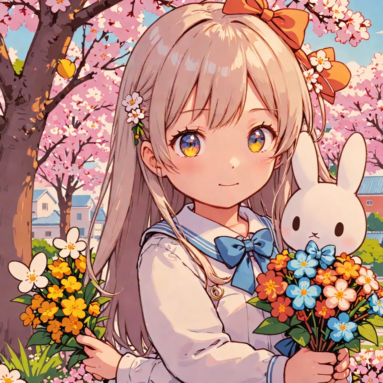 highres,best quality,pov,nsfw,Illustration of Miffy-chan from the dating sim game with a shy smile, wearing a cute school uniform with a pastel-colored bow, while holding a bouquet of flowers. The background should feature a romantic setting with cherry blossoms in full bloom and a soft, warm sunset