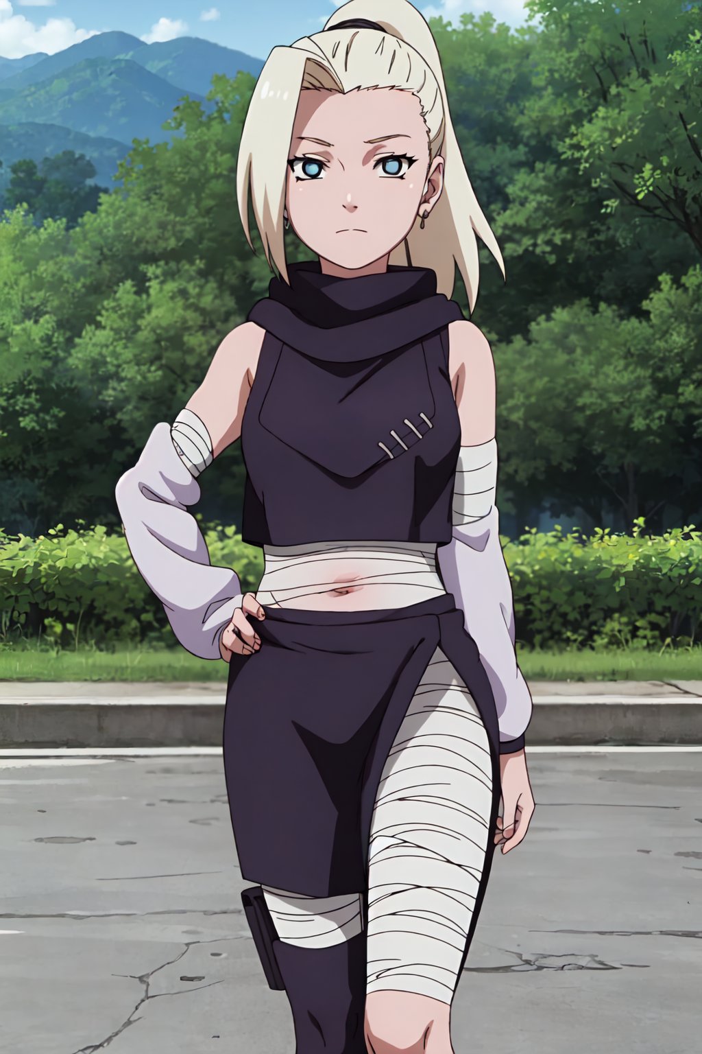 Ino Yamanaka, 4k, high resolution, very high resolution, high definition, masterpiece, purple clothes, (belly bandages: 1.2), leg bandages, bangs, standing, (upper body: 1.2)<lora:EMS-384819-EMS:0.800000>