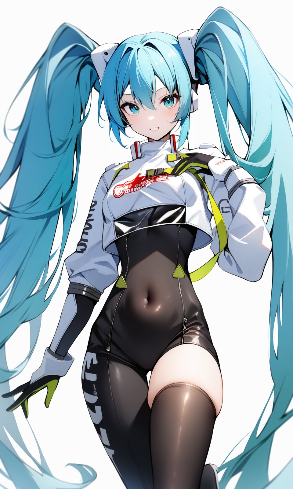 1girl, miku22, aqua eyes, aqua hair, black bodysuit, breasts, covered navel, cowboy shot, hatsune miku, long hair, looking at viewer, race queen, skin tight, solo, thighhighs, twintails, very long hair, zipper, masterpiece, absurdres,<lora:RacingMiku2022_XL:1>