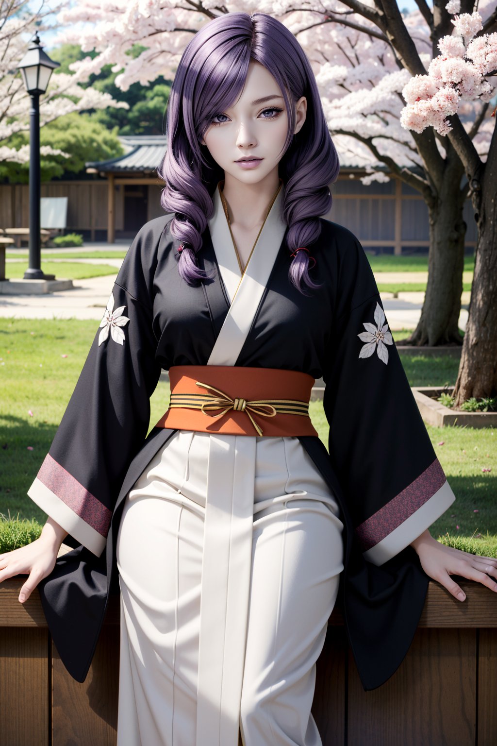 ((ultra detailed, masterpiece, absurdres)) <lora:HGDaniella:0.9>HGDaniella, 1girl, twin drills, purple hair, in a traditional kimono, surrounded by cherry blossoms