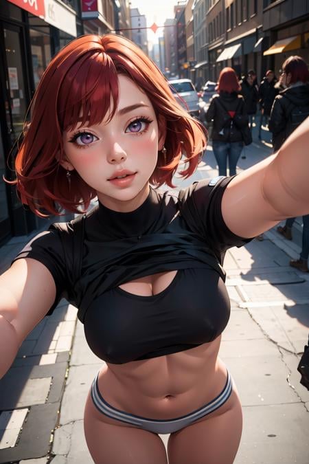 masterpiece, best quality,Ray tracing, hdr, volumetric lighting, sunlight,1girl, red hair,  at street, buildings,  <lora:Selfie_FefaAIart:0.75>, selfie, clothes lift, breasts,<lora:PovKiss_Peck_FefaAIart:0.7>, pov, kiss, peck lips, round lips, incoming kiss,   outstretched arms,