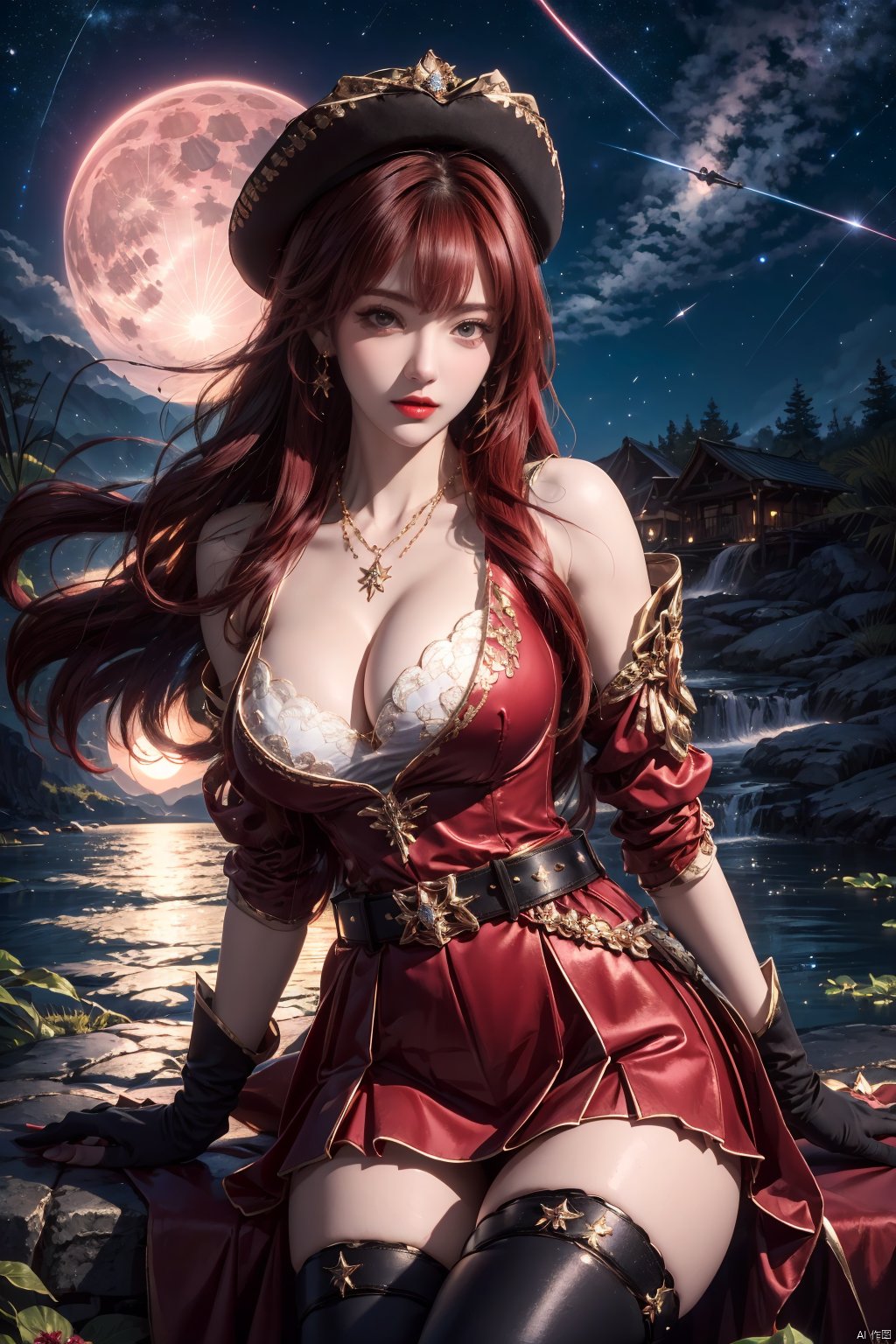 mhc, 1girl, breasts, solo, gloves, thighhighs, jewelry, long hair, hat, large breasts, cleavage, sitting, red hair, dress, night, looking at viewer, earrings, black gloves, belt, moon, bare shoulders, parted lips, black thighhighs, outdoors, star \(sky\), sky, very long hair, necklace, red lips, night sky, lips, arm support, red dress, shooting star, water, starry sky, bangs, detached sleeves, zettai ryouiki, brown hair<lora:EMS-372821-EMS:0.800000>