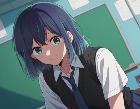 score_9, score_8_up, score_7_up, source_anime,akanekurokawa, <lora:akane-kurokawa-s1-ponyxl-lora-nochekaiser:1>,akane kurokawa, bangs, green eyes, blue hair, medium hair, dark blue hair,shirt, school uniform, white shirt, necktie, collared shirt, vest, blue necktie, skirt, blue skirt,indoors, classroom, bent over, smile,looking at viewer, cowboy shot, dutch angle, solo,