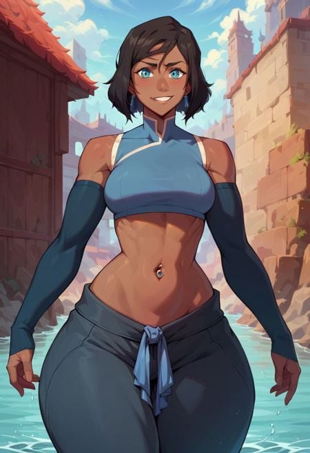 score_9, score_8_up, score_7_up, score_6_up, score_5_up, score_4_up, dark skin, detached sleeves, (masterpiece,best quality,ultra-detailed:1.6), Korra, crop top, baggy pants, smiling, black hair, short hair, beautiful eyes, blue eyes, earrings, navel piercing, big boobs, boots, cumshot, (perfect anatomy:1.6), (perfect eyes:1.5), (looking at viewer). (outdoors), (big thighs), (wide hips:1.5), madhouse-Animestyle, modern city, (water bending:1.5)