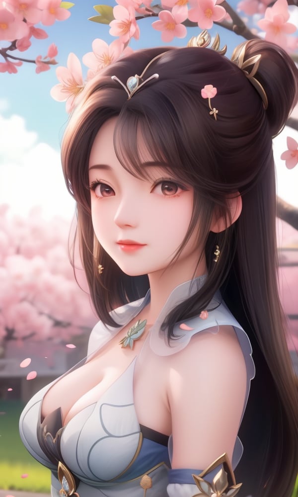 (,1girl, ,best quality, )<lora:DA_颜如玉V2-遮天:0.6>, ,masterpiece, fantasy, realistic,science fiction,mole, ultra realistic 8k cg, ,tamari \(flawless\),  large breasts,outdoors, sun,sunlight, cherry blossoms,      upper body, (),