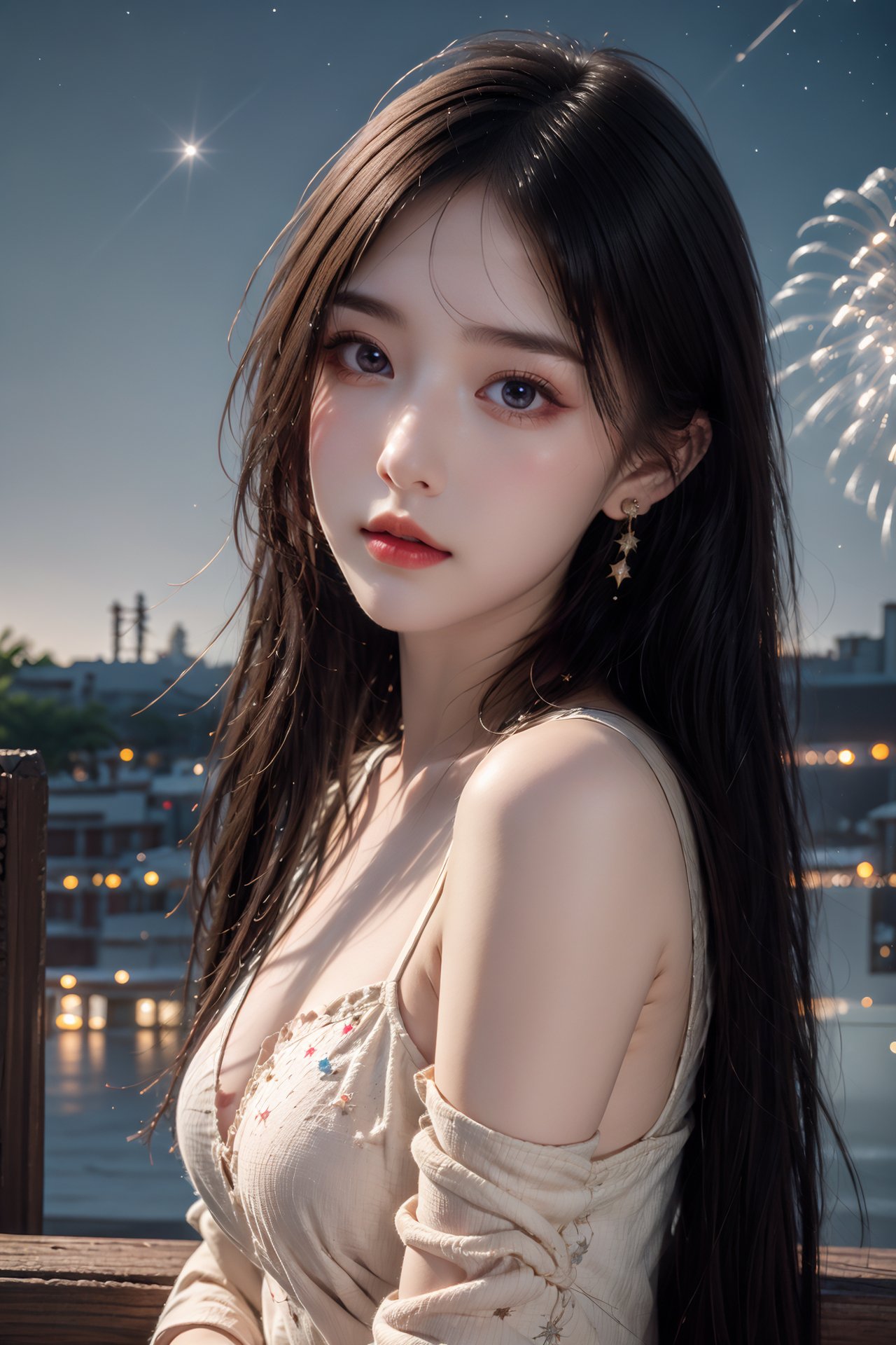 1girl, aerial fireworks, angel,  artist name, aurora, city lights, constellation, crescent moon, dove, dress, earrings, earth \(planet\), feathers, fireworks, flying, full moon, galaxy,  halo, jewelry, l light particles, long hair,milky way, moon,  night, night sky, pegasus, planet, shooting star, sky, solo, space, sparkle,  star \(sky\), star \(symbol\), starry background, starry sky, starry sky print, tanabata, white feathers, <lora:2.0:0.8>