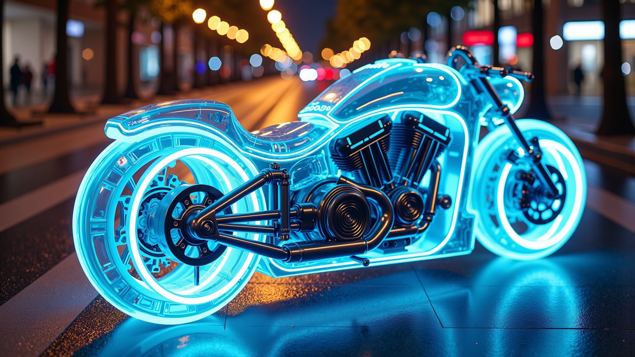 The text says "DICE".Spectacular digital rendering of a (transparent:1.4) TRON movie bike, revealing internal mechanical components such as engine, car chassis, suspension, and internal wiring, detailed textures, detailed machinery, accurate lighting and shadows, 8k quality, intricate patterns, high-definition, glossy Blue neon finish, vivid reflections, perfect lighting, busy street at night, BREAK