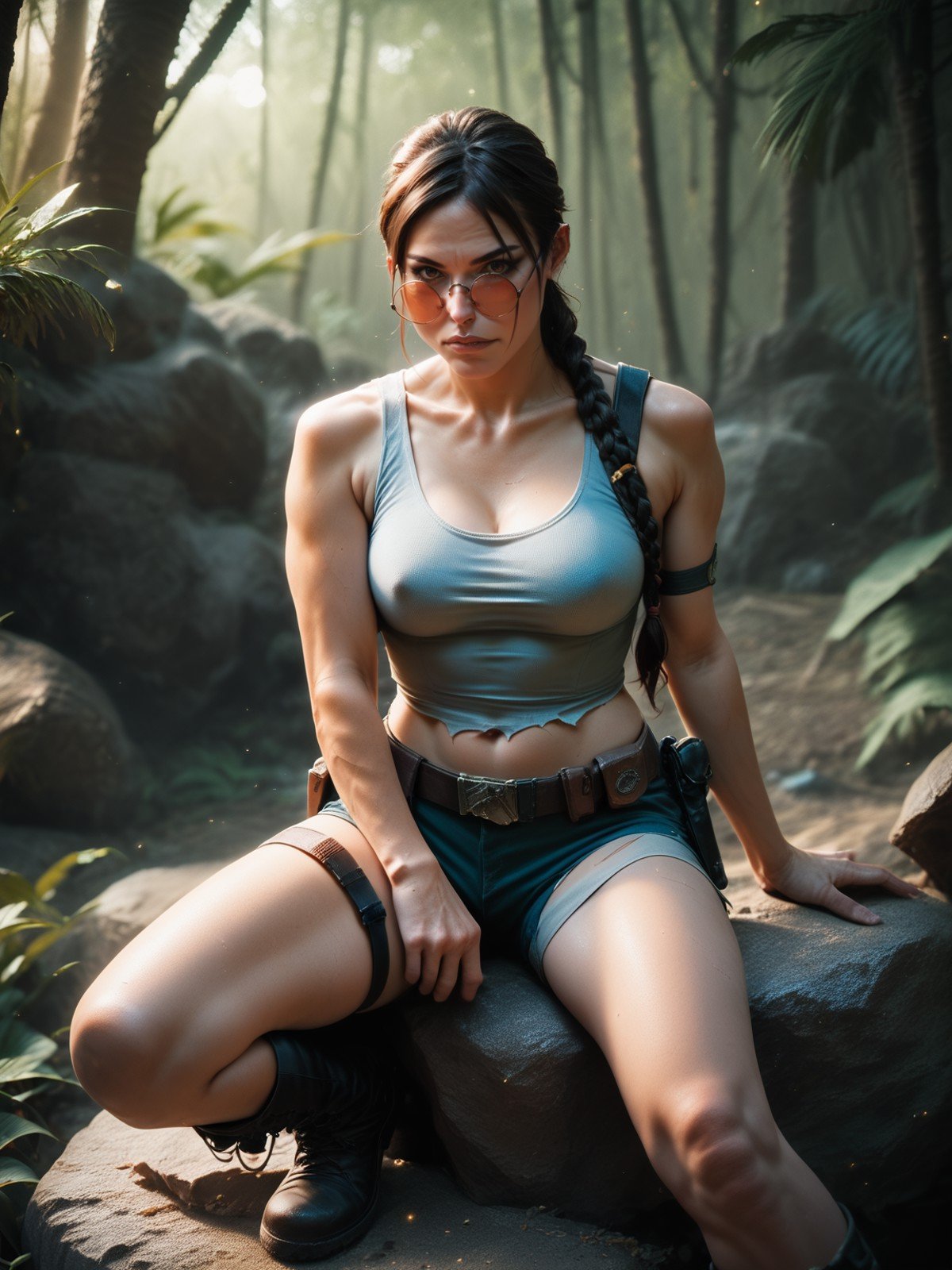 score_8_up, score_7_up, 1girl, lara croft sitting on rock, athletic, torn clothes, holster, shorts, tank top, single braid, red round eyewear sunglasses, boots, volumetric light, steaming body, particles, jungle, realistic, photo, cinematic