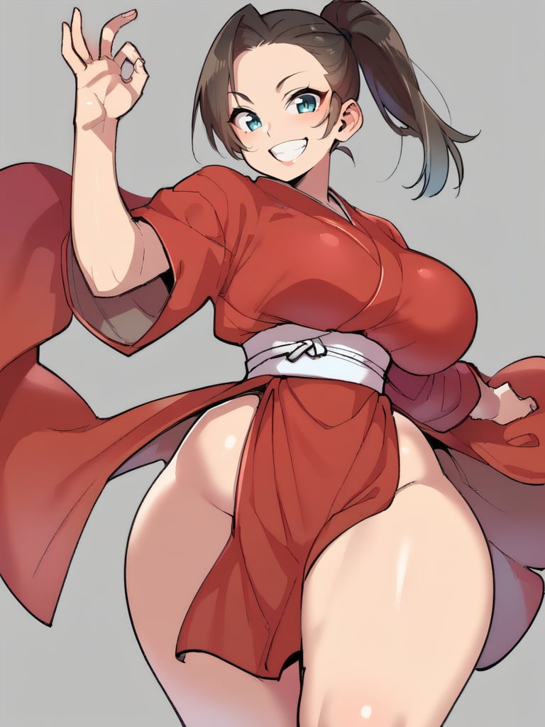 score_9, score_8_up, score_7_up, score_6_up, 1girl, red kimono, bare legs, ponytail, samurai, sexy, curvy, huge breasts, narrow waist, wide hips, thick thighs, looking at viewer, cowboy shot, cartoon, dynamic pose, smile, cute, wide shot, simple background, solo,<lora:AgawaRyoXLP_Style:1> AgawaRyoXLP