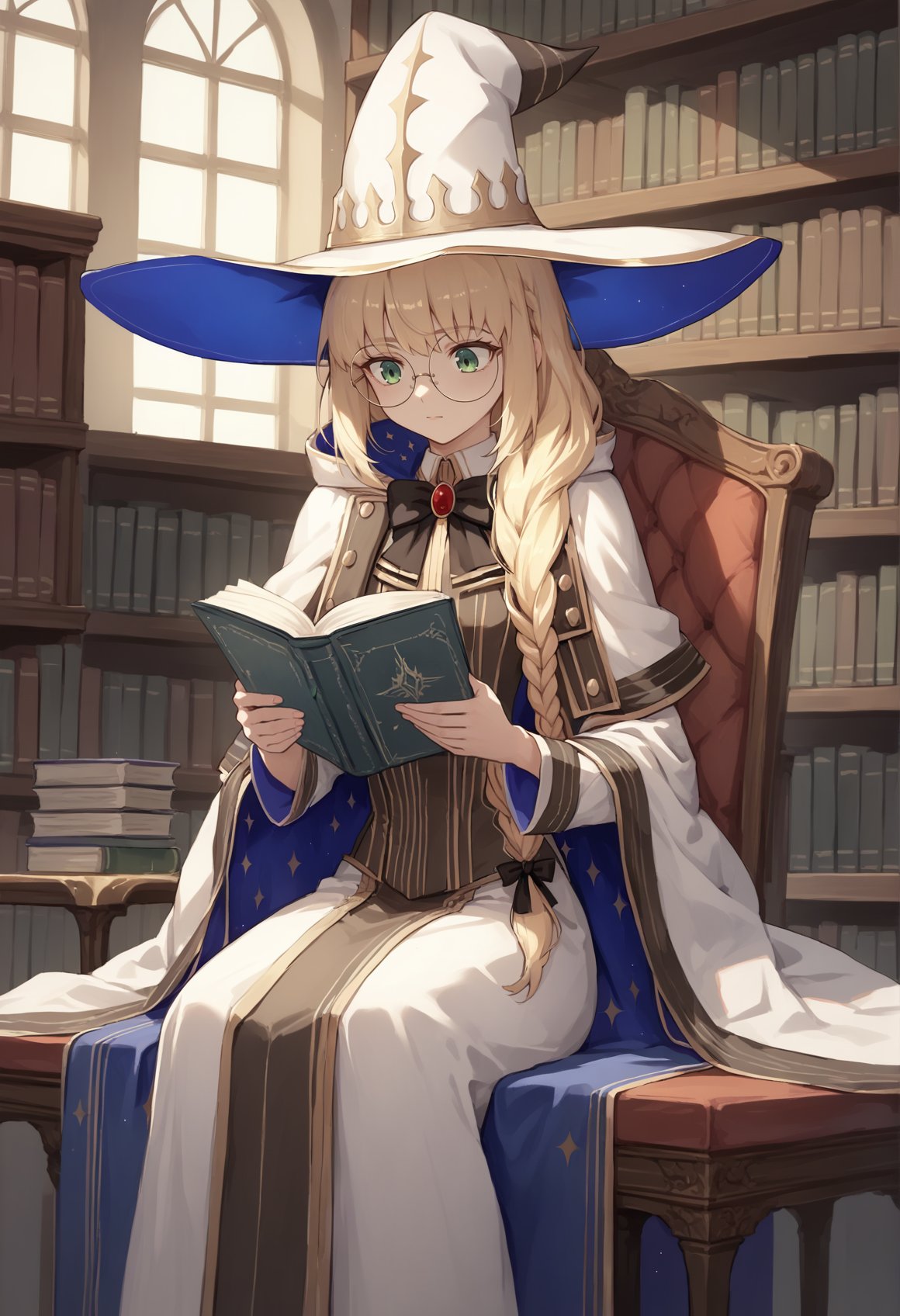 1girl, blonde hair, long hair, green eyes, braid, glasses, round eyewear, black bow, gold trim, witch hat, pantyhose, long sleeves, white sleeves, white robe, white cape, white cloak, sitting, indoors, library, reading, holding book  <lora:Castoria:0.8>, score_9, score_8_up, score_7_up, score_6_up, score_5_up, score_4_up, BREAK source_anime, masterpiece