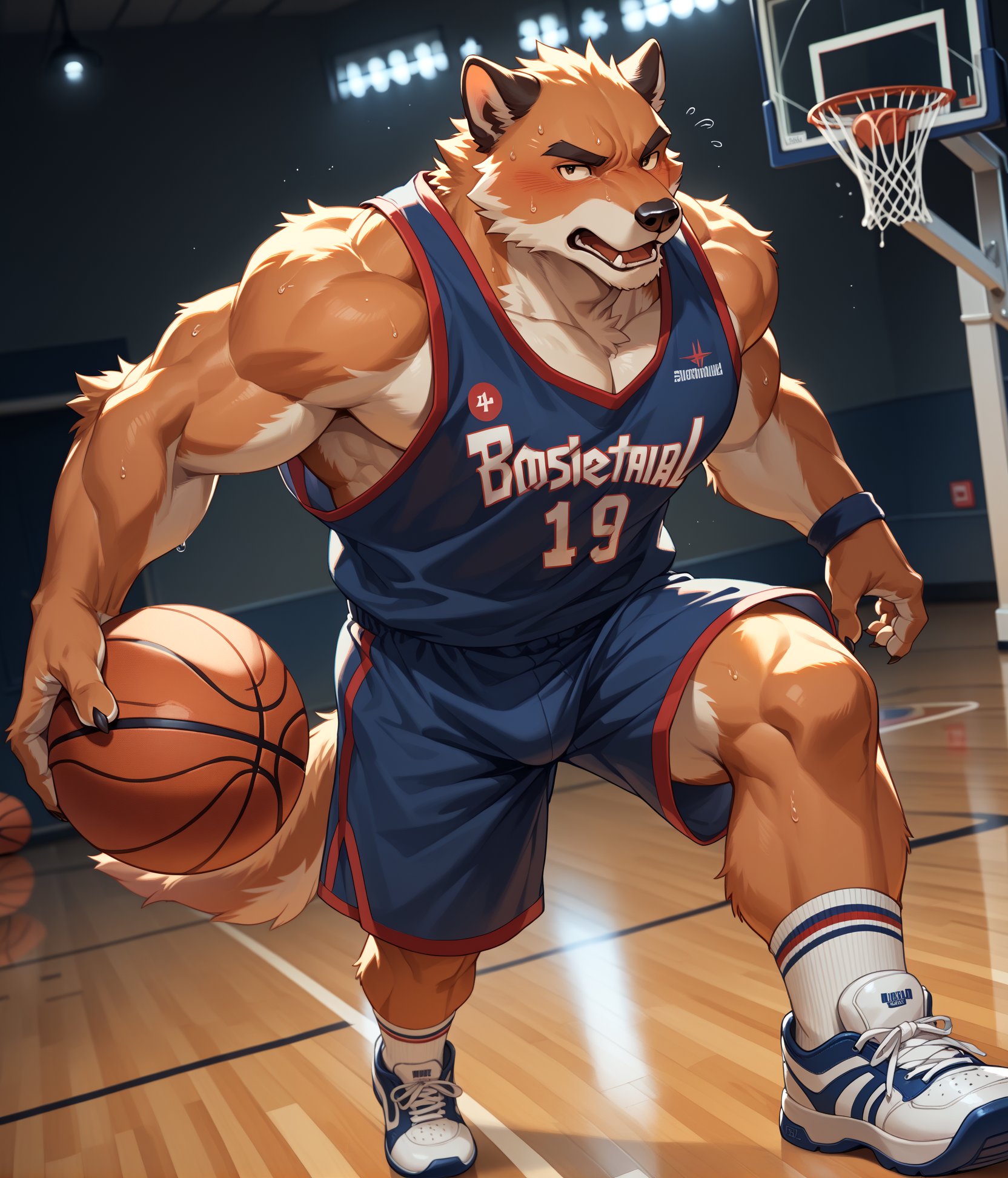 score_9,score_8_up,score_7_up,score_6_up,furry,kemono,high quality,tail,rating_explicit,embedding:zPDXL3 BREAK male furry,(bara),huge plump Chest Muscles,perfect anatomy,solo, solo focus,Basketball court, basketball, indoor basketball court,wagging tail, dribbling, acting cool, serious, yellow spotlight, shooting basketball, playing basketball, basketball jersey, basketball shoes, sweating, sweating. running, double crossover,white socks,shorts