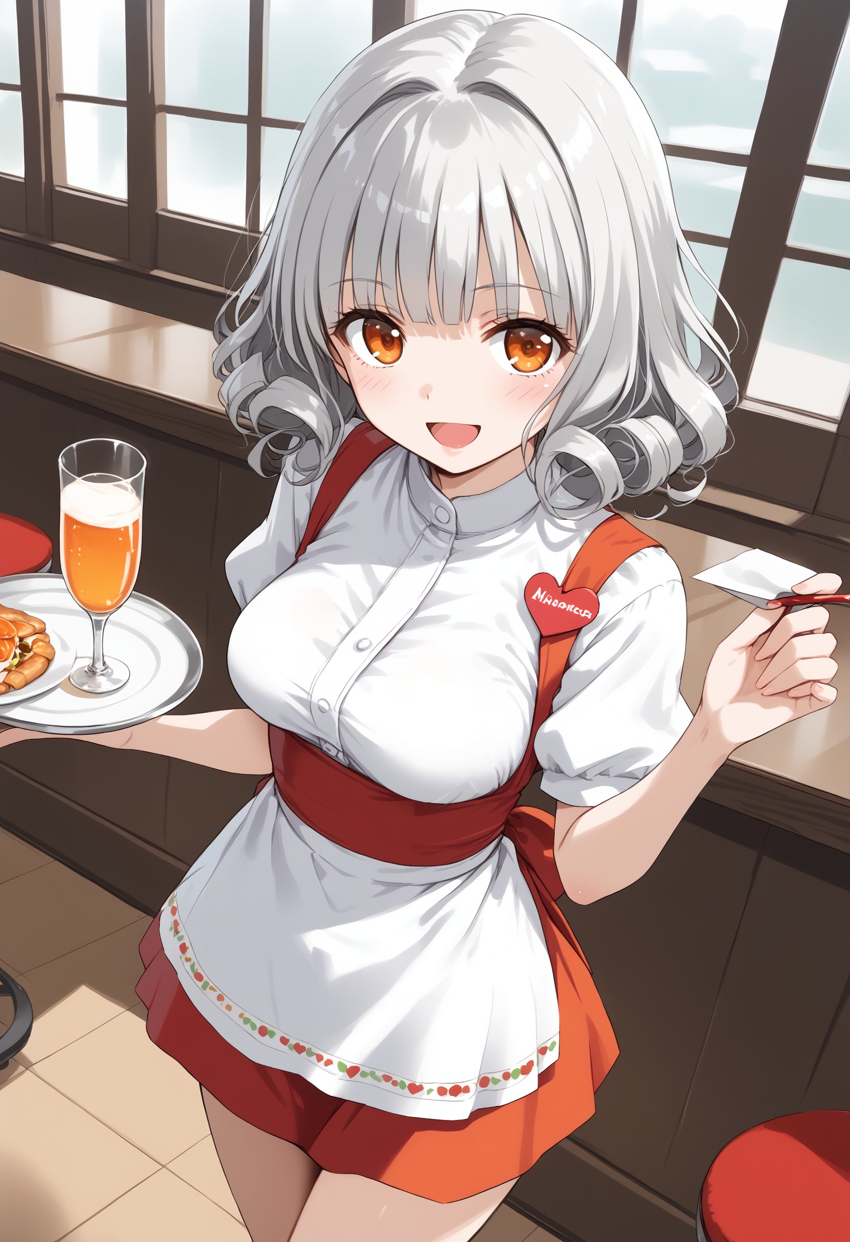 1girl, medium breasts,anna miller ,waitress,name tag,high-waist skirt,suspender skirt, apron,restaurant,  <lora:annamiller_Pony_v1:0.8>from above, cowboy shot, looking at viewer, silver hair, orange eyes,teasing smile, open mouth, curly hair,