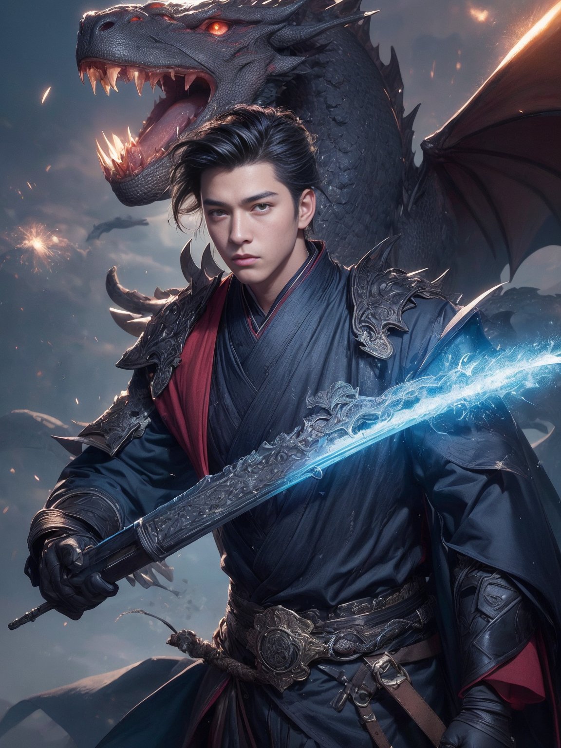 (8k, best quality, masterpiece:1.2),(realistic, photo-realistic:1.37),ultra-detailed,(1boy,handsome, male character),In this illustration,In this illustration,the beautiful boy is wearing technological dragon-shaped combat equipment+ The armor decorated with dragon scales exudes blue light,and he holds a high-tech energy sword in his hand+ In the background is a futuristic city,with high-rise buildings and aircraft flying across the sky+ The handsome boy's eyes are full of confidence,as if he is the guardian of future technology,ready to face unknown challenges,in the background you can add some elements related to the Year of the Dragon,red spring couplets,fireworks,dragon-shaped decorations,((increasing the weight makes things worse:1.5)),sharp focus,inkpainting,((looking at viewer:1.5)),physically-based rendering,male focus,facial hair,tall,zhuang,<lora:wenboy_chen_v62:1>,