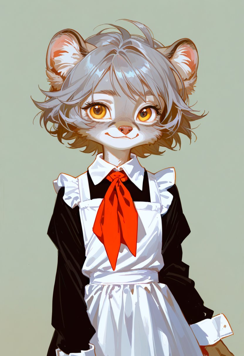 anthro manul girl,kid,golden eyes,black dress,white apron,white cuffs,white collar,(grey hair:1.1),light smile, short hair,grey fur,paws,clean tools,red neckchief<lora:Perfect Hands:1>    <lora:新的兔狲:1>  <lora:fkey_pony_v1:0.5> <lora:naip33:1>, score_9, score_8_up, score_7_up, score_6_up, score_5_up, score_4_up,zPDXL