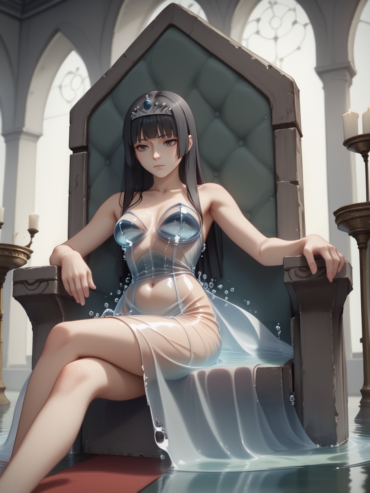 score_9, score_8_up, score_7_up, best quality, masterpiece, 4k, uncensored, perfect lighting, rating_explicit, very aesthetic, anime BREAKwoman wearing a water dress, <lora:water_dress-PD-1.0:1>long hair, straight hair, black hair, hime cut, tiara, medium breasts, corset,throne, reclining, 