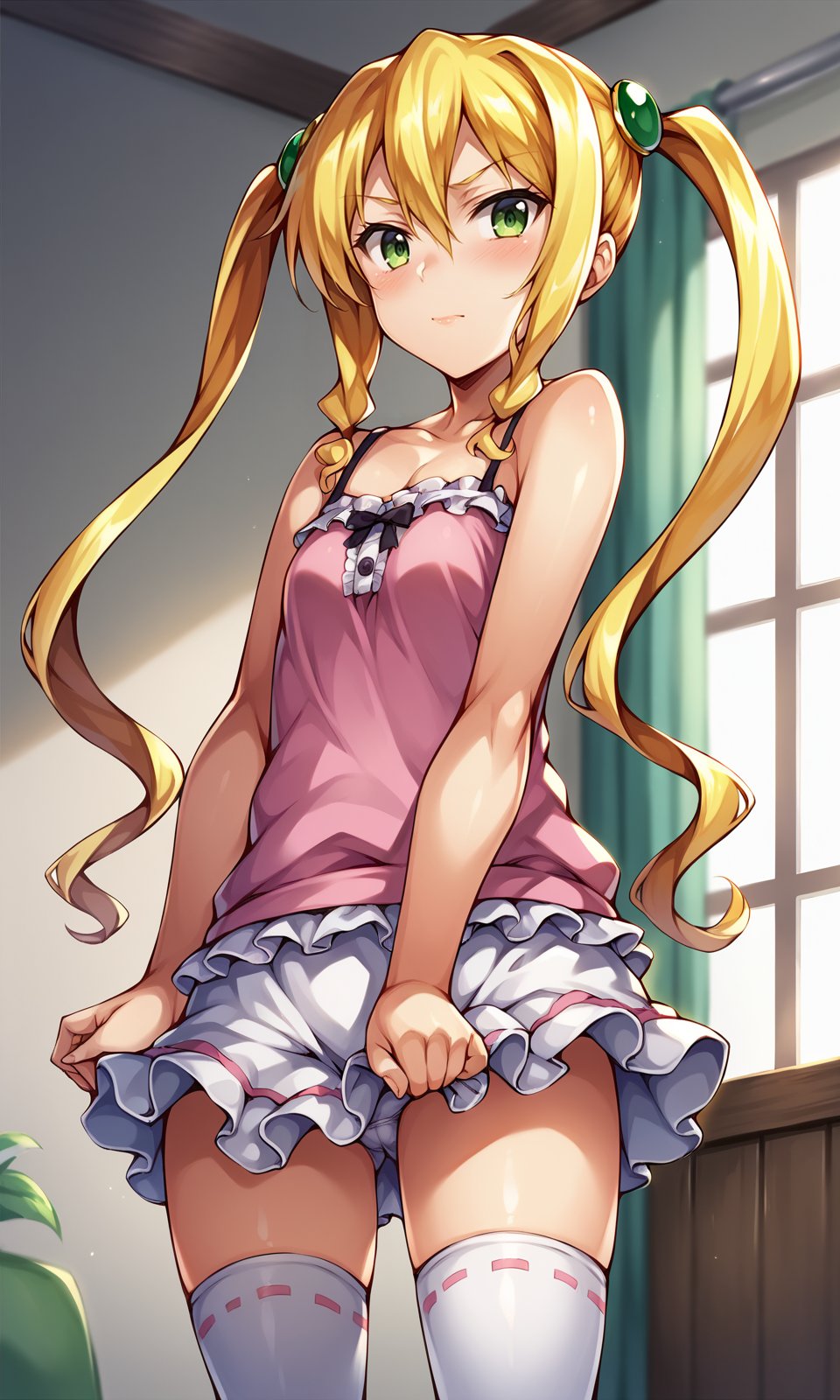 score_9, score_8_up, score_7_up, score_6_up, BREAK1girl, himegamikodama, blonde hair, blush, green eyes, hair between eyes, long hair, looking at viewer,  shiny,  twintails,looking at viewer, closed mouth, standing, camisole, frilled skirt, frills, thighhighs, indoors, <lora:HimegamiKodama_Pony:1>