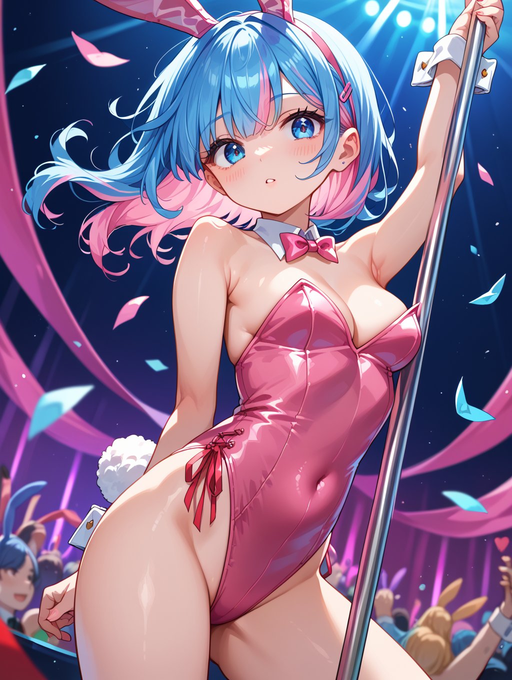 score_9, score_8_up, score_7_up,source_anime,1girl,blue hair,pink hair,two-tone hair,blue eyes, rabbit ears,playboy bunny,leotard,bare shoulders,ribbon,pole dance,dynamic_angle,depth of field,looking_at_viewer,