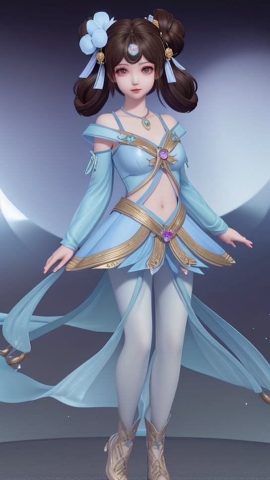 (1girl),smooth chin,masterpiece,detailed face,((hair ornament)),top quality,4k,make up,best quality,medium breasts,(looking at viewer),long legs,double bun,jewelry hair,dress,detached sleeves,ribbon,shawl,light blue skirt,puffy pants,hair rings,hair flower,(wariza),(arms behind back),bangs,jewelry on bangs,<lora:王者 小乔 青蛇SD_v1.0:0.6>,