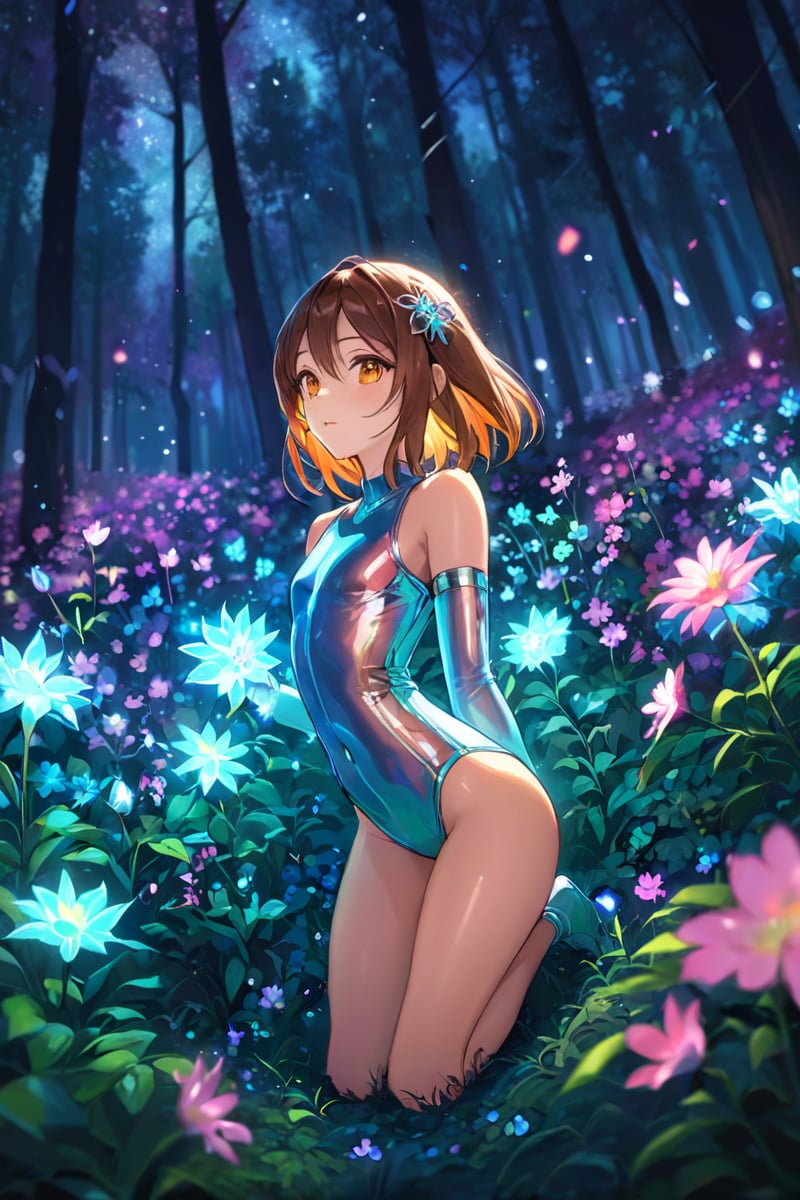 extreemely detailed, light particles floating, kneeling in the forest watching spirits, eerie aura, chromatic aberration, colorful forest lights during night time, oily skin, dynamic angle, colorful glowing flowers, night,hair ornament, intrincate clothing, sexy, high definition photo, ultra detailed skin, ultra detailed face, small skin imperfections, 1girl, Straight hair, small boobs, flat chest, Thin-legged body, brown eyes, Auburn hair