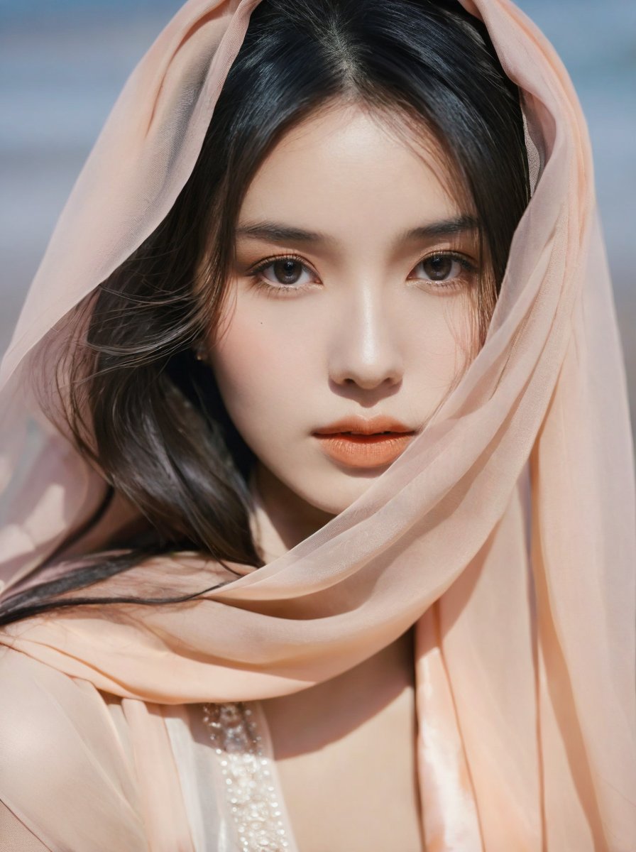 The image showcases a close-up portrait of a young woman with an ethereal appearance. She possesses long, dark hair that cascades down her shoulders and is adorned with what seems to be a sheer scarf or veil blending into the background. Her complexion is impeccable, complemented by subtle makeup featuring earthy tones on her eyelids and a soft peach hue on her lips. She rests her face gently in her hand, exuding serenity and poise.