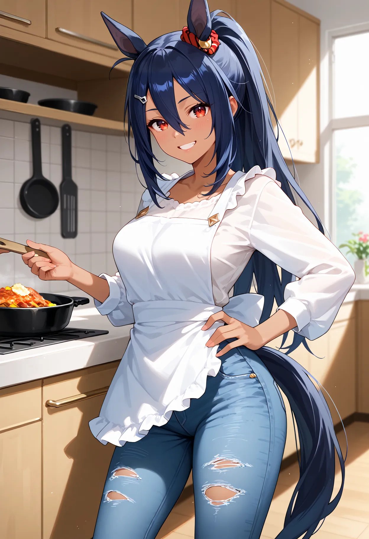 score_9, score_8_up, score_7_up, BREAK, best quality, masterpiece, very aesthetic, ultra detailed,very detailed background,BREAK,,zPDXL3,Hishiama, 1girl, solo, long hair, hair between eyes, red eyes, blue hair, ponytail, dark skin, dark-skinned female, horse ears, horse tail,<lyco:Hishiama-ponyXL_locon:0.81> apartment,apron,frying pan,smile,ripped jeans,long sleeves,cook