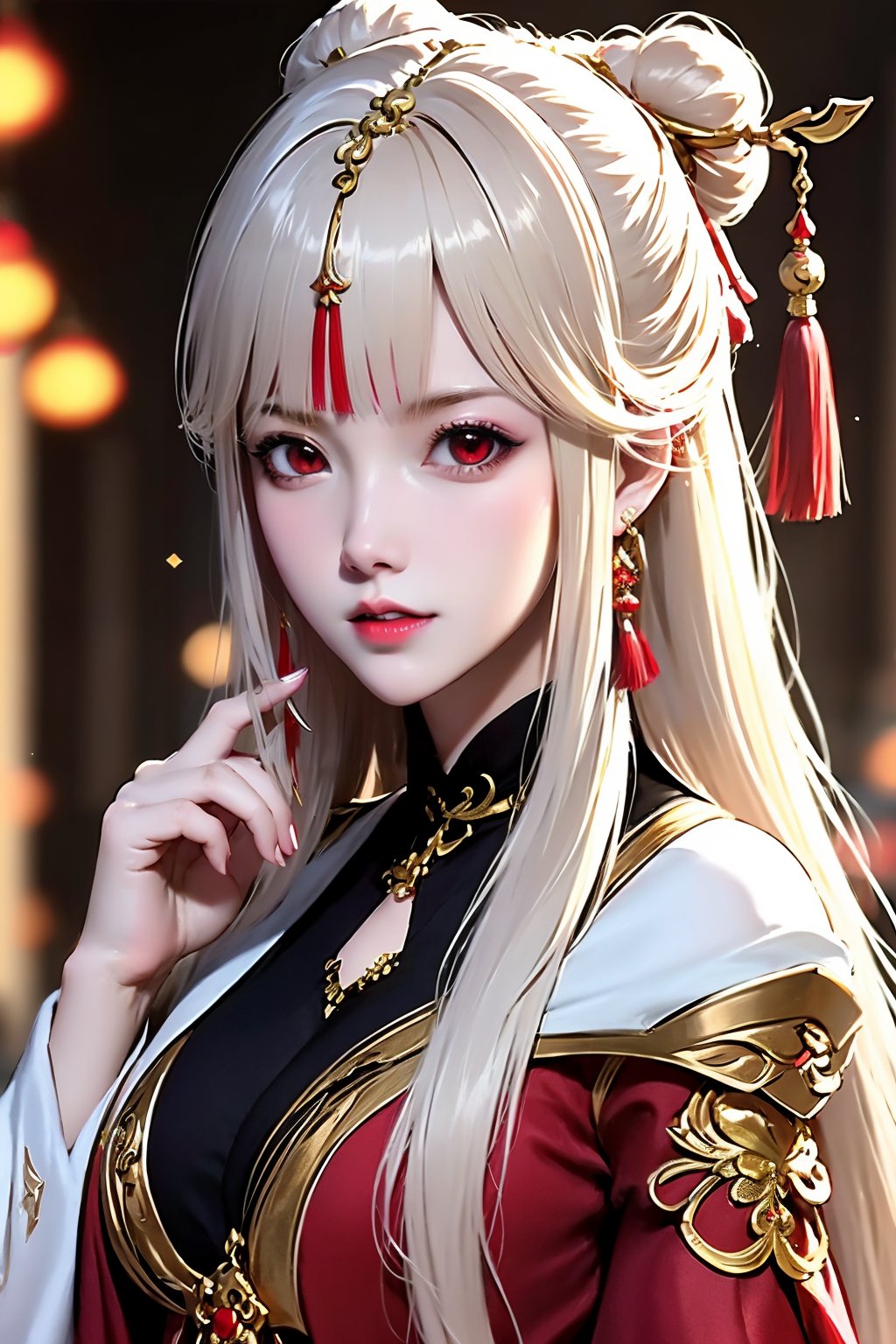 1girl, solo, red eyes, hair ornament, long hair, ningguang \(genshin impact\), tassel, looking at viewer, white hair, parted lips, upper body, tassel hair ornament, blurry, blurry background, hair stick, chinese clothes, jewelry, red lips, parted bangs, dress, lips, hand up, long sleeves, sidelocks, breasts, depth of field, makeup, gold trim, gem, bokeh, white dress, claw ring, lipstick, realistic, hairpin, see-through, eyelashes, medium breasts, teeth, earrings, red dress, half updo, china dress, detached sleeves, fingernails, very long hair, wide sleeves, tassel earrings, hair bun, see-through sleeves, blonde hair, light particles