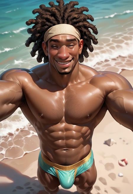 score_9,score_8_up,score_7_up, 1boy, solo, wasabi_bh6, dark skin, dreadlocks, headband, goatee, shirtless, very muscular, speedo, at the beach, from above, looking at viewer, winking, smile