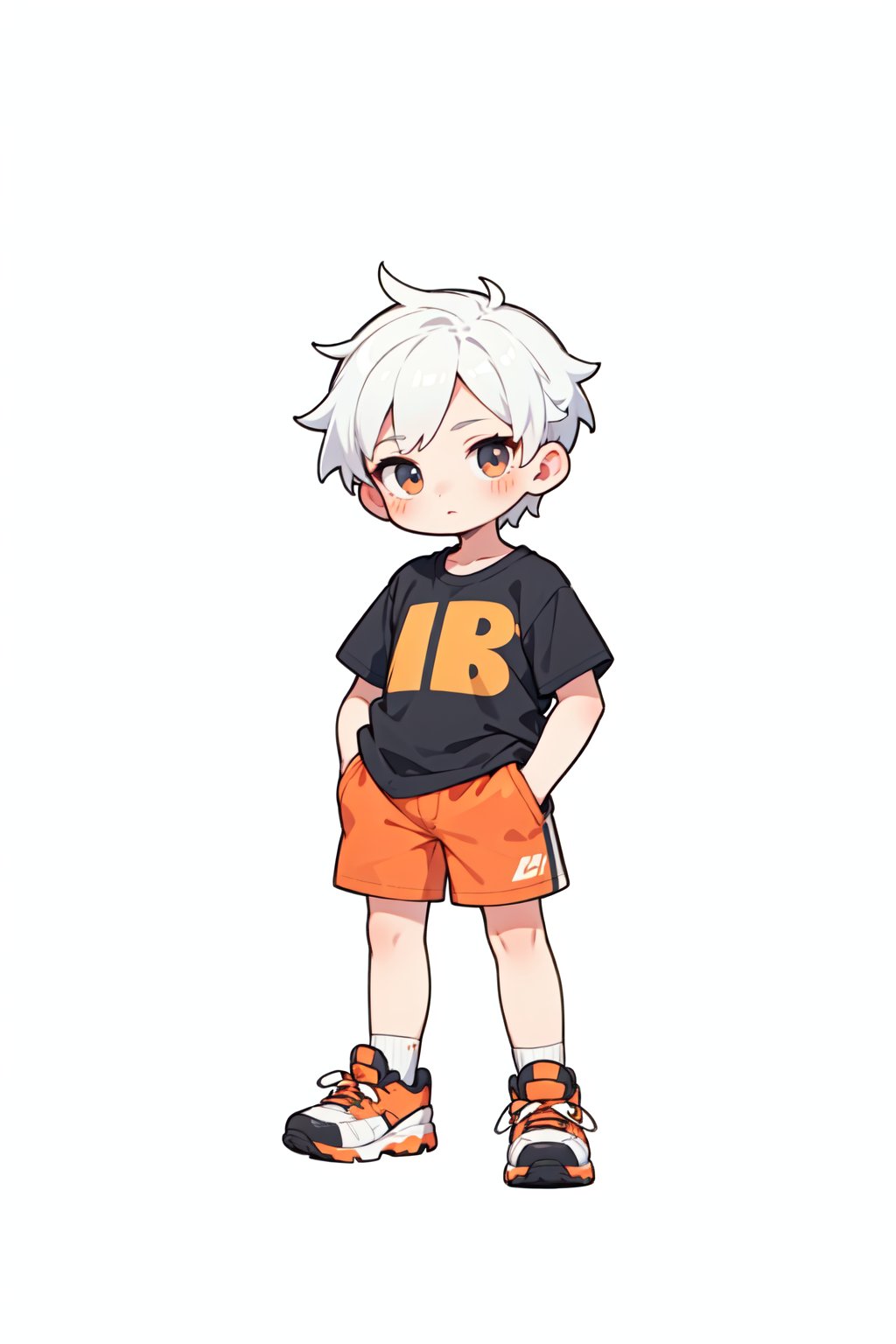 chibi,A boy with short white hair,black T-shirt,orange shorts,white sneakers,hands in pockets,white background,graffiti on the background,simple details,masterpiece,high quality,