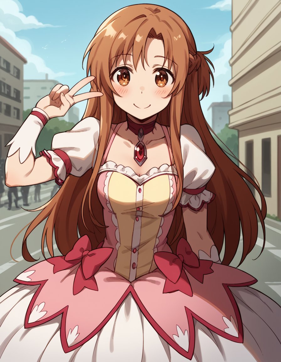 score_9, score_8_up, score_7_up, source_anime, asunayuuki, <lora:asuna-yuuki-s1-ponyxl-lora-nochekaiser:1>, asuna yuuki, long hair, brown hair, brown eyes,, <lora:kaname-madoka-cosplay-ponyxl-lora-nochekaiser:1>, kanamemadokacosplay, kaname madoka \(cosplay\), chest jewel, dress, frilled dress, frills, magical girl, neck ribbon, pink dress, puffy short sleeves, puffy sleeves,, outdoors, streets, smile, blush, v, v over eye,, cowboy shot, dutch angle, solo,