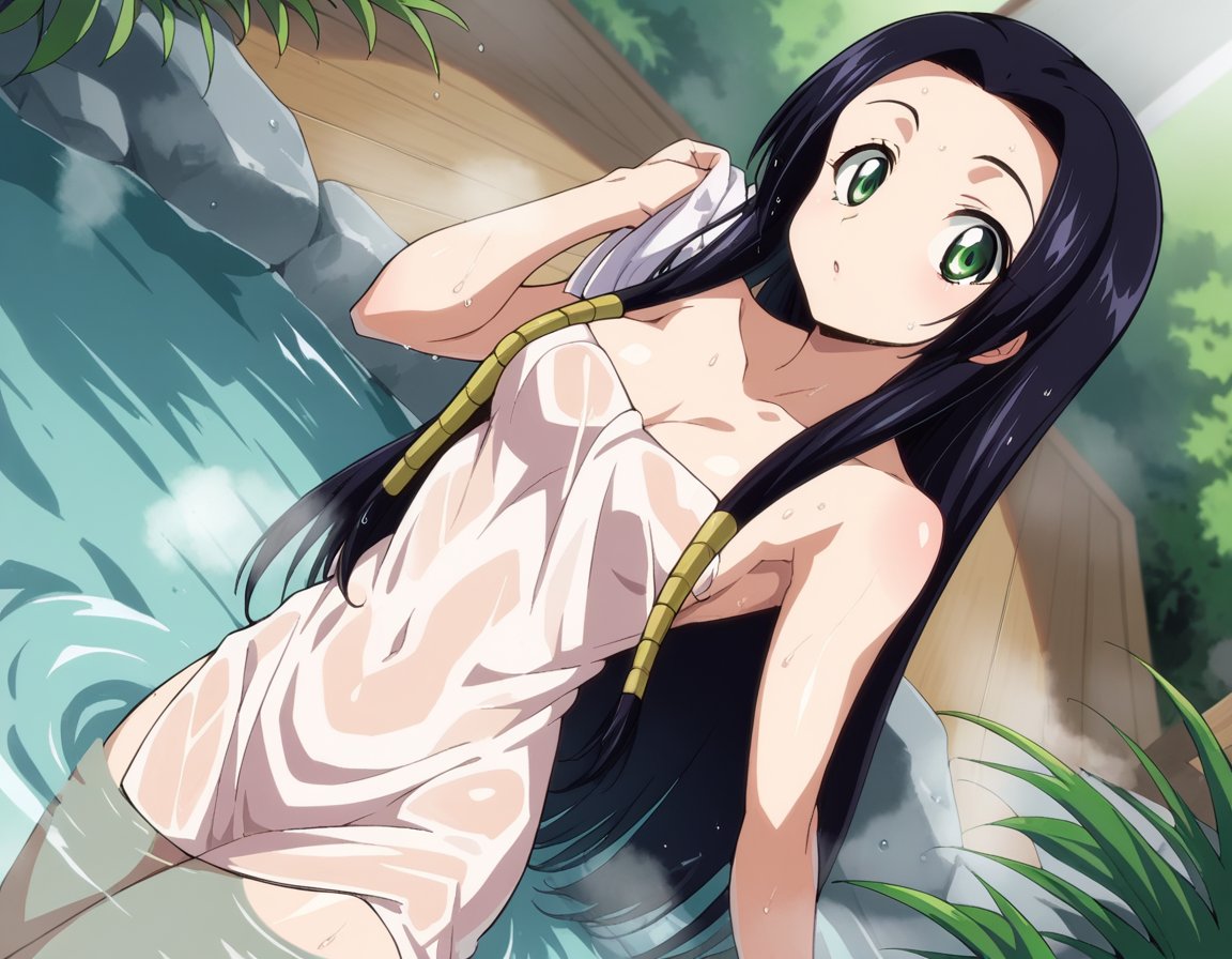 score_9, score_8_up, score_7_up, source_anime,kaguyasumeragi, <lora:kaguya-sumeragi-s1-ponyxl-lora-nochekaiser:1>,kaguya sumeragi, long hair, black hair, green eyes, very long hair, sidelocks, hair tubes,nude, naked, outdoors, onsen, towel, naked towel, steam, bathing, nude cover, partially submerged, water, bath, steam censor, wet towel,looking at viewer, cowboy shot, dutch angle,