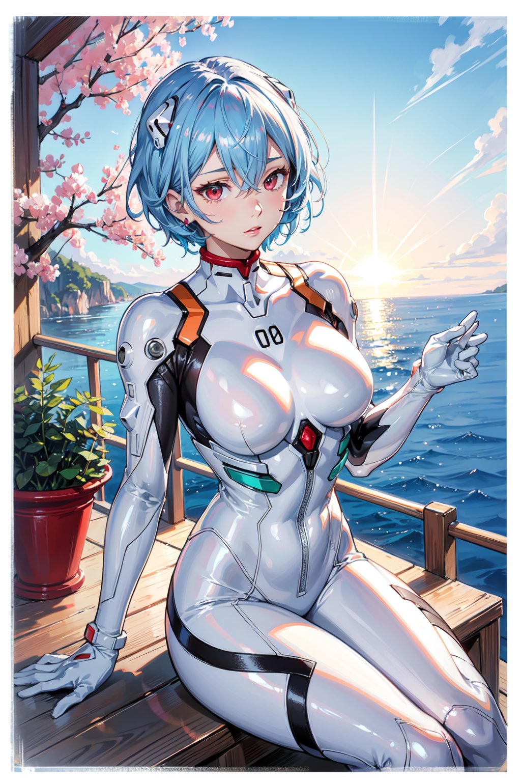 <lora:Rei-000011:0.6>,Rei CYQL,1girl,looking at viewer,solo,blue hair,red eyes,hair between eyes,medium breasts,(Rei 00,short hair,hair between eyes,white bodysuit,plugsuit,interface headset,bodysuit,two-tone sleeves),(smile:1.2),beautiful face,beautiful eyes,glossy skin,shiny skin,(full_shot,foreshortening,straddling:1.2),clenched hands,Olive trees, Sea views, Whitewashed buildings, Olive harvest, Aegean breeze, Greek charm,Cherry blossoms, Yoga mats, Sunrise, Fresh air, Serenity, Mindfulness,beautiful detailed sky,beautiful detailed glow,(English text:1.3),(border:1.5),posing in front of a colorful and dynamic background,(masterpiece, best quality, beautiful and aesthetic:1.3),contrapposto,female focus,fine fabric emphasis,wallpaper,fashion,Lipstick,depth of field,intricate_detail,finely_detailed,fine_fabric_emphasis,(glossy),<lora:增强减少细节add_detail:0.3>,