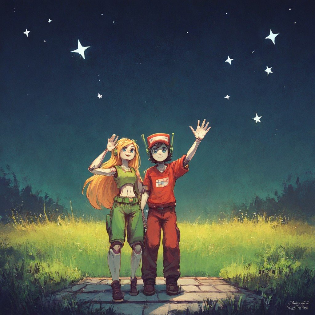 curly brace, quote, duo, couple, night sky, stars, grass, ledge,  android, waving, pose, hat, standing apart, looking at the viewer, rating:safe BREAK score_9, score_8_up, score_7_up, <lora:CurelyandQuoteV1:1.0>, <lora:Shimhaq:0.4>,  