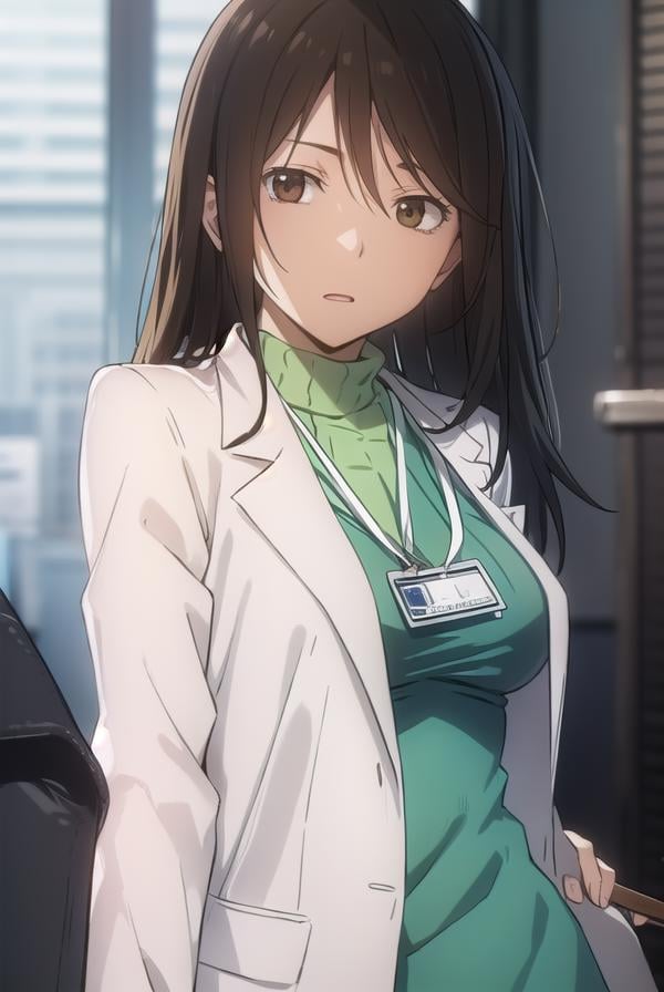 namieyagiri, <lora:namie yagiri s1-lora-nochekaiser:1>,namie yagiri, long hair, black hair, (brown eyes:1.3),BREAK sweater, turtleneck, labcoat, green sweater,BREAK indoors, office,BREAK looking at viewer, (cowboy shot:1.5),BREAK <lyco:GoodHands-beta2:1>, (masterpiece:1.2), best quality, high resolution, unity 8k wallpaper, (illustration:0.8), (beautiful detailed eyes:1.6), extremely detailed face, perfect lighting, extremely detailed CG, (perfect hands, perfect anatomy),