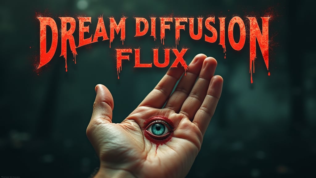 a hand with an open eye in the palm,  horroe style text above the hand  says "DREAM DIFFUSION FLUX HYPER", horror  background, text reads "DREAM DIFFUSION FLUX HYPER".