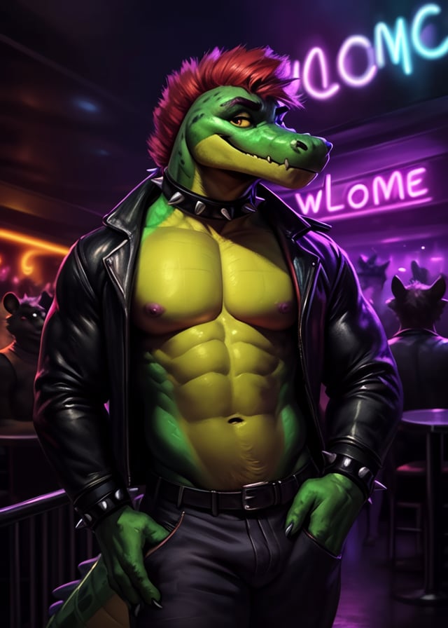 by Killioma, by Juiceps, by Taran Fiddler,solo athletic anthro (montgomery gator \(fnaf\):1.25), crocodile,yellow countershading, red hair, spiked bracelet, jewelry, spiked collar, jacket, pants, (neon sign, "WELCOME":1.5),(standing, half-length portrait, three-quarter view, looking at viewer:1.25),BREAK,(surrounded, crowd, being watched, large group, public nudity),(nightclub, restaurant, inside, night:1.25),masterpiece, best quality, ultra realistic, 4k, 2k,(high detail, blurred bakground:1.25), film photography, soft focus,RAW photo, photorealistic, analog style, subsurface scattering, photorealism, absurd res