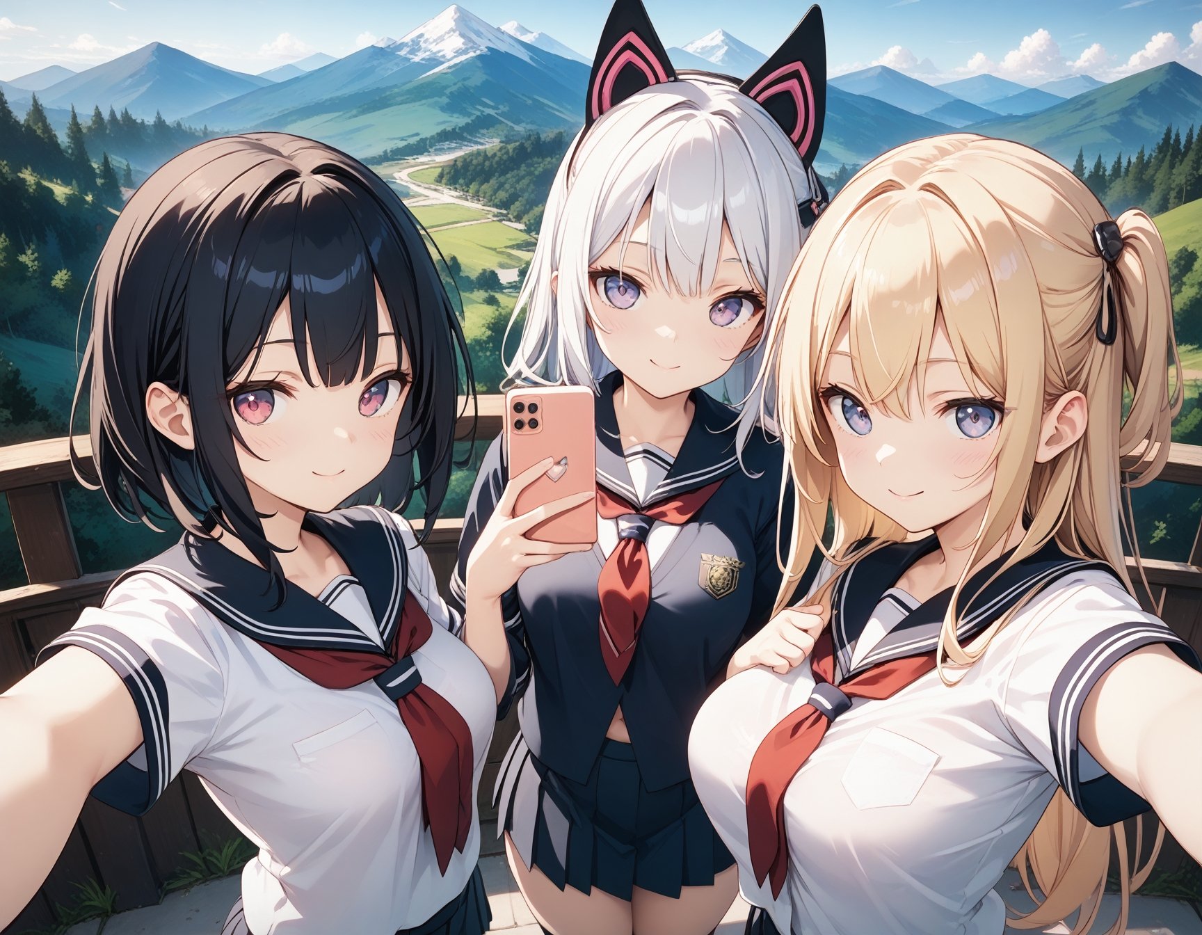 masterpiece, best_quality, BREAK3girls,school_uniform,selfie,mountainous_horizon, 