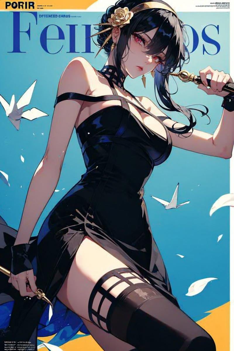 XUER Yor Forger,1girl,yor briar,solo,dress,breasts,flower,black dress,red eyes,black hair,holding,thighhighs,gloves,hair ornament,hairband,cleavage,petals,hair flower,black gloves,black thighhighs,holding weapon,fingerless gloves,blood,dual wielding,bare shoulders,sidelocks,gold hairband,looking at viewer,bangs,long hair,large breasts,rose,two-sided fabric,copyright name,two-sided dress,blue background,hair between eyes,sleeveless,sleeveless dress,medium breasts,short hair with long locks,blood on weapon,earrings,(masterpiece, best quality:1.2),offcial art,movie perspective,advertising style,magazine cover,very aesthetic,disheveled hair,very aesthetic,illustration,disheveled hair,perfect composition,moist skin,intricate details,<lora:绪儿 约尔福杰 XUER Yor Forger:0.8>,