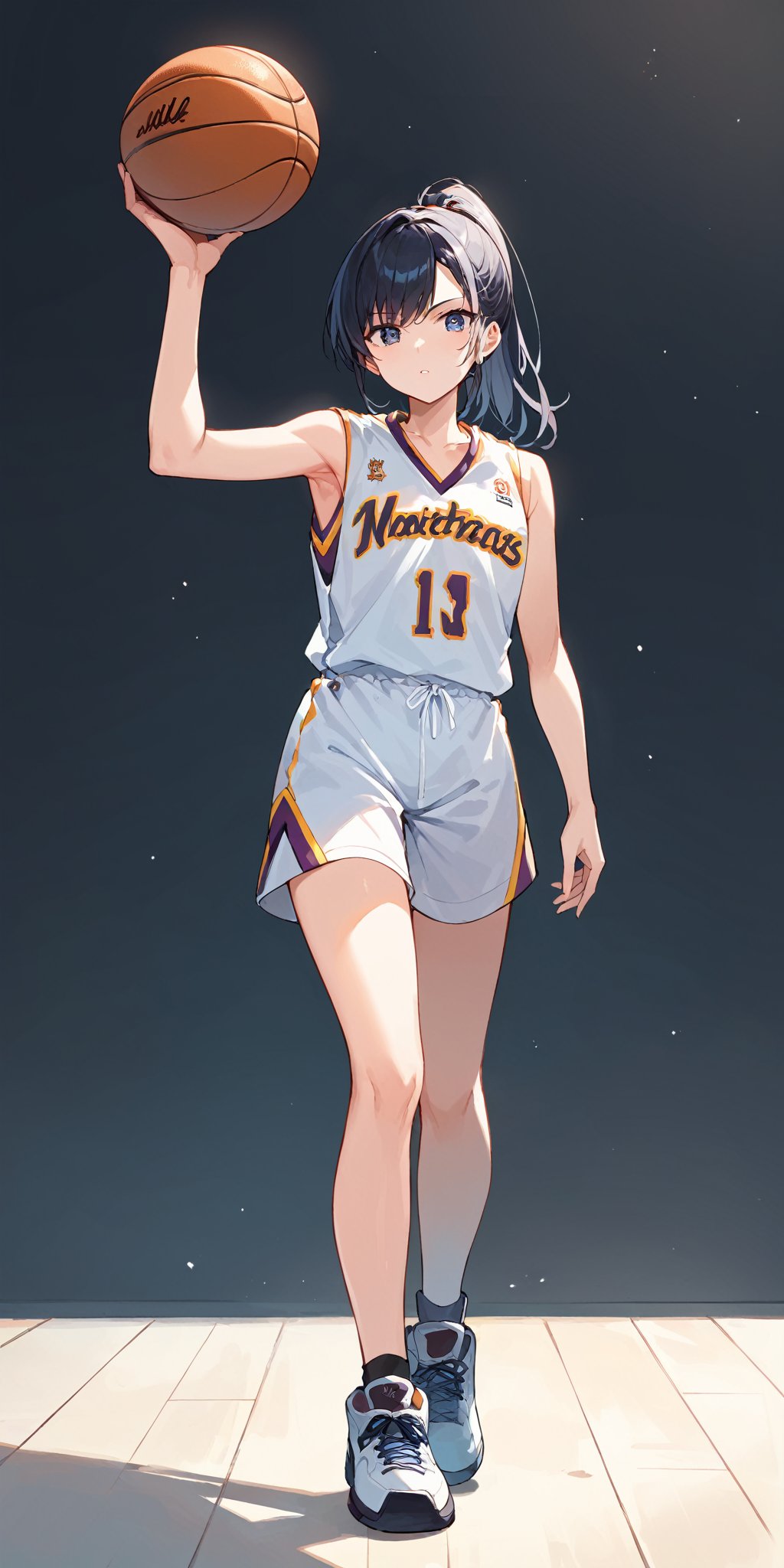 score_9, score_8_up, score_7_up,(source_anime, high res image:1.),masterpiece,best quality,girl,cute face,clear skin,shiny hair,ultra detailed eyes,simple background,  <lora:basketball uniform_pony_V1.0:0.7> basketball uniform,ponytail,shootting