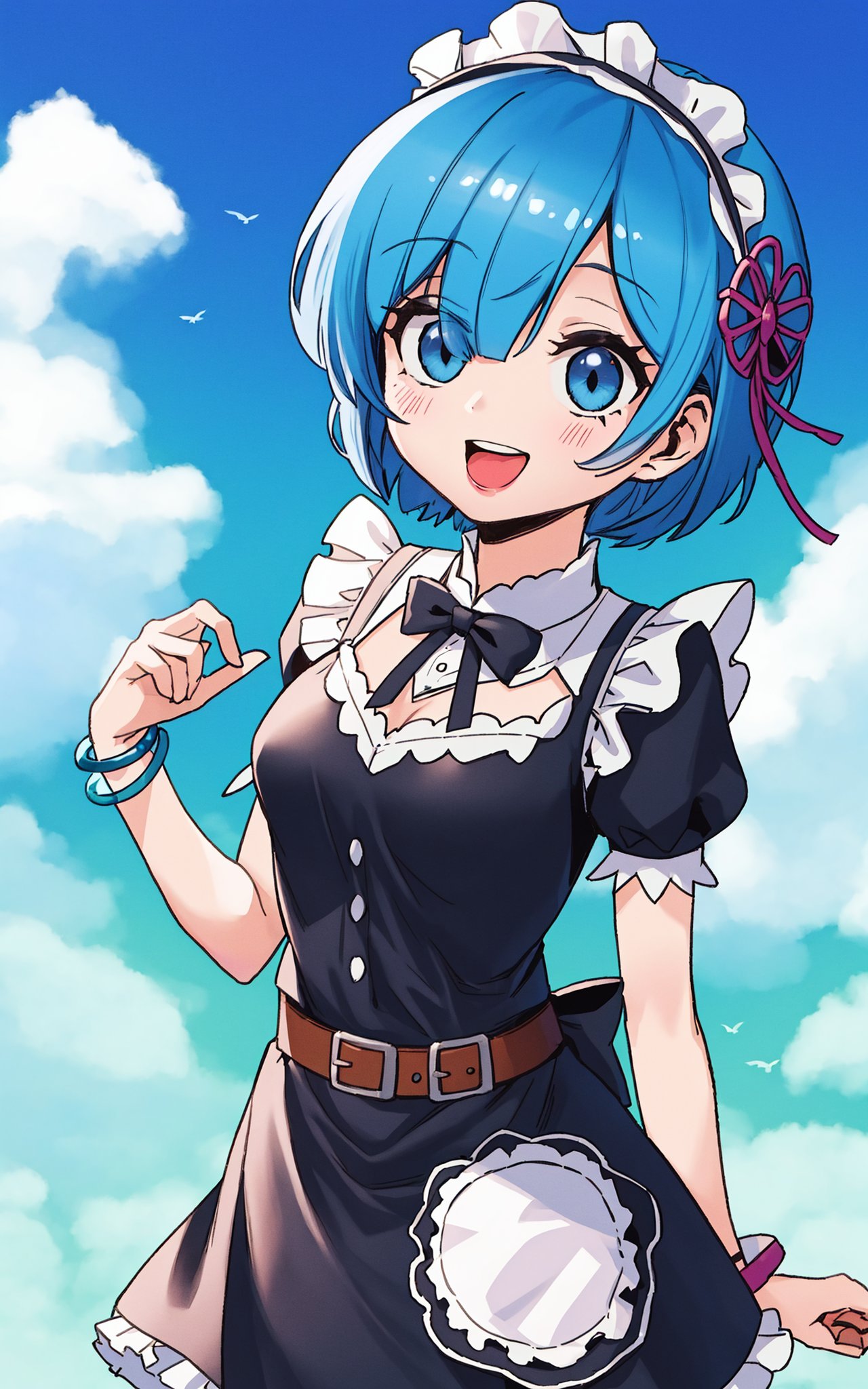 Rem\(re zero kara hajrmeru isekai seikatsu\),Maid service, blue hair, short hair,(upper body),blue sky, white cloud,belt, anklet,best quality,