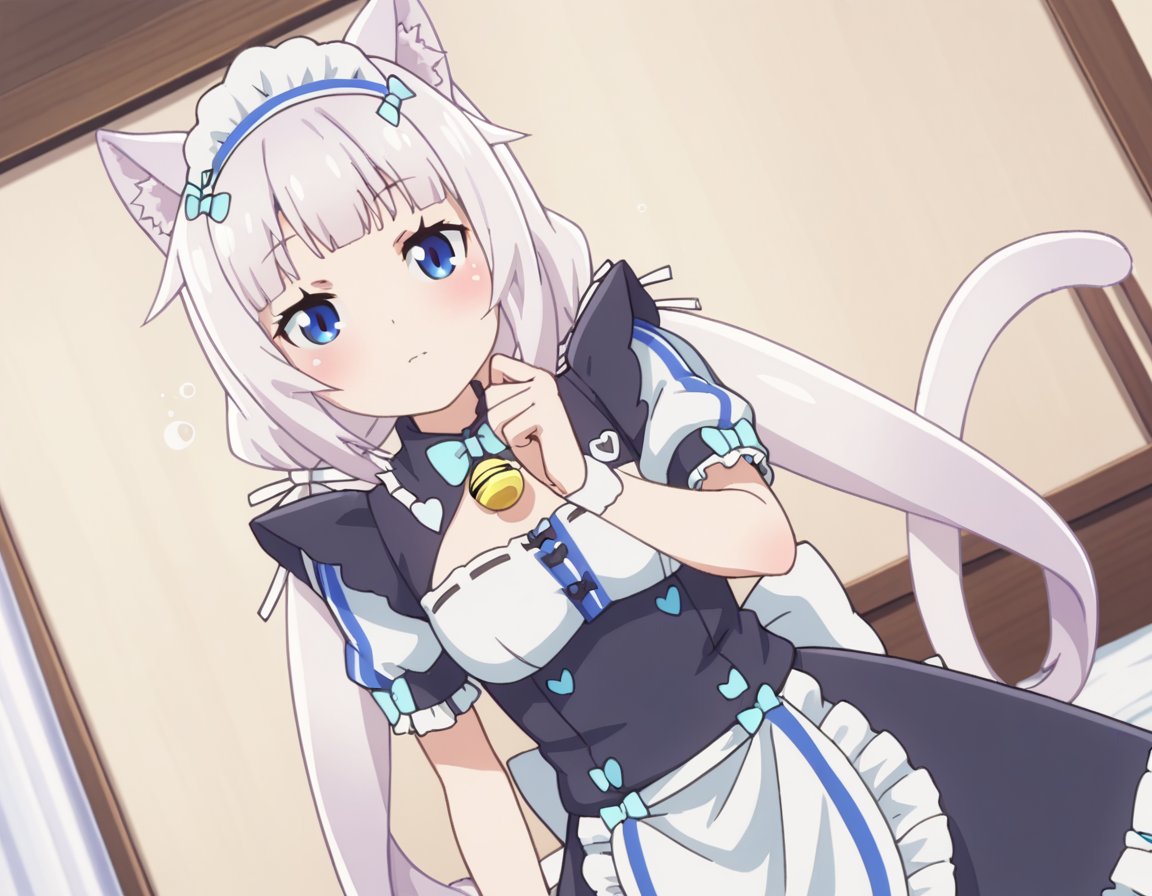 score_9, score_8_up, score_7_up, source_anime,nekoparavanilla, <lora:nekopara-vanilla-s1-ponyxl-lora-nochekaiser:1>,vanilla, long hair, bangs, blue eyes, animal ears, twintails, very long hair, white hair, cat ears, blunt bangs, animal ear fluff, low twintails, cat girl,dress, bow, tail, short sleeves, frills, bowtie, apron, cat tail, maid, maid headdress, bell, cat girl, waist apron, jingle bell, neck bell, waitress,indoors, bed, bed room, on side, blush, drunk,looking at viewer, solo, cowboy shot, dutch angle,