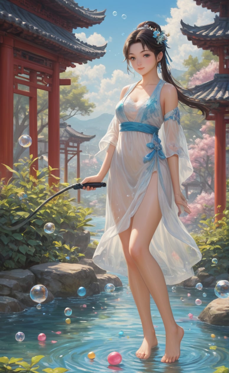 Colorful colors,surrounded by water bubbles,oil paintings painted in anime style,chinese girls,full body,barefoot, masterpiece, best quality,