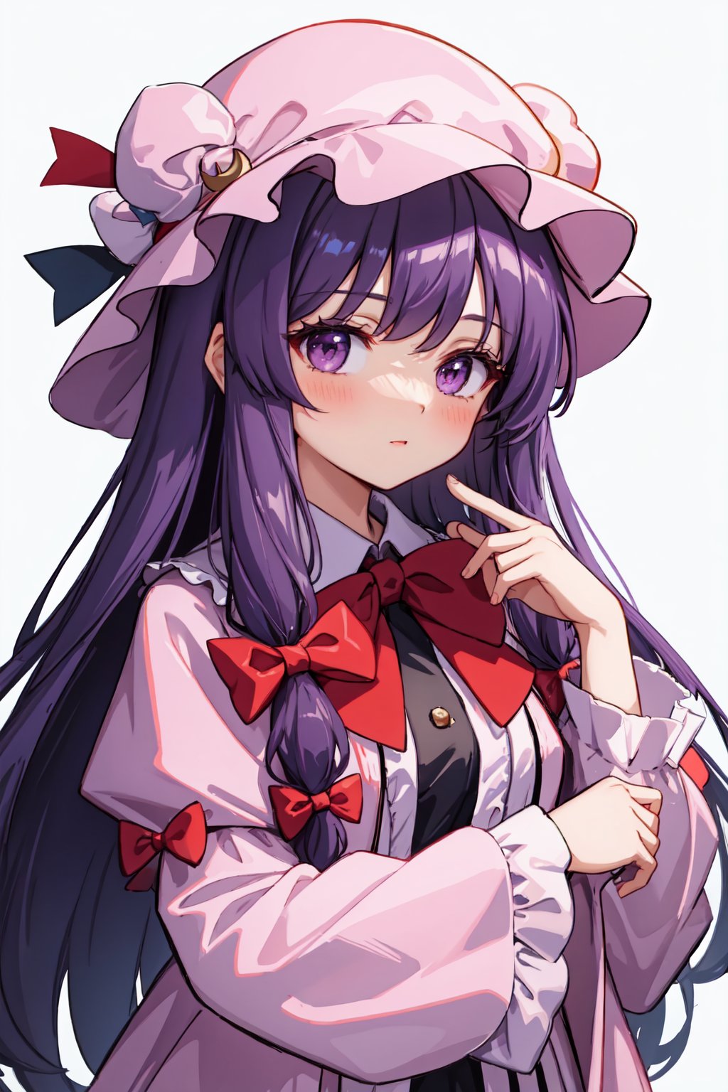 patchouli_knowledge,1girl,mob_cap,looking_at_viewer,hair_bow,red_bow,crescent_hat_ornament,blue_bow,blush,solo,long_sleeves<lora:patchouli_knowledge:1>,simple background,white backgroundmasterpiece,best quality, highly detailed, 