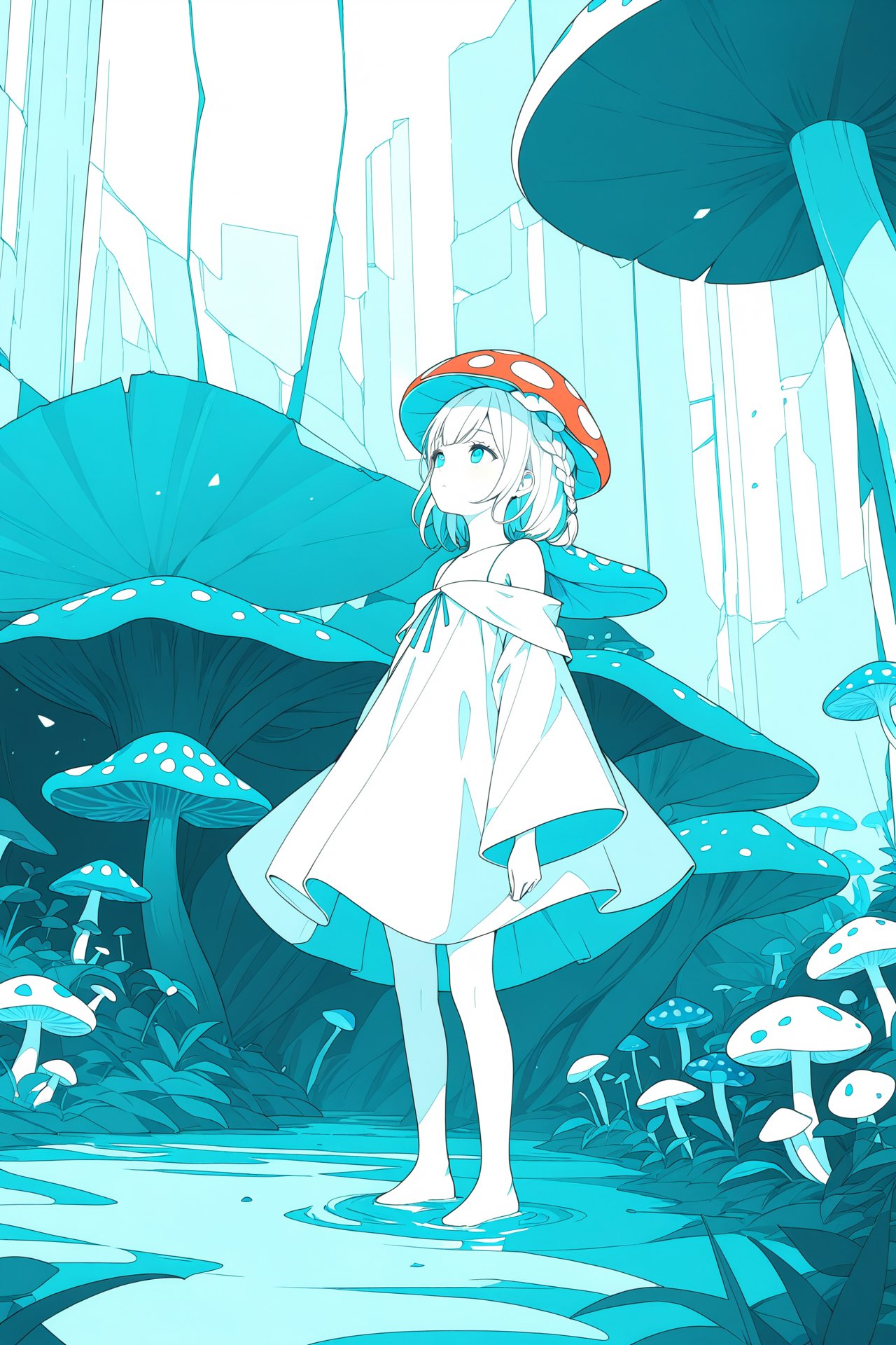 (masterpiece),(best quality),illustration,ultra detailed,hdr,Depth of field,(colorful),loli,1girl,bare shoulders,cold theme,broken glass,broken wall,aqua theme,white hair,blinking,white dress,closed mouth,constel lation,flat color,braid,blinking,white robe,float,closed mouth,constel lation,flat color,looking up,standing,medium hair,standing,solo,In the mushroom forest,wearing (mushroom hats:1.3),big mushroom hats,spotted mushroom hats,lots of white spots,