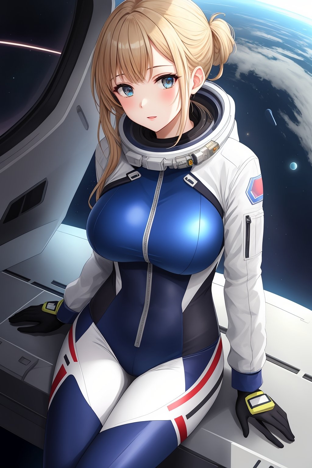 masterpiece,  best quality,  1girl,  translucent skin,  Blue,  bodysuit,  mechanical,  cowboy shot,  space,  sitting,  from above,  large breasts,  bone, （Spacesuit：1.5） White, 