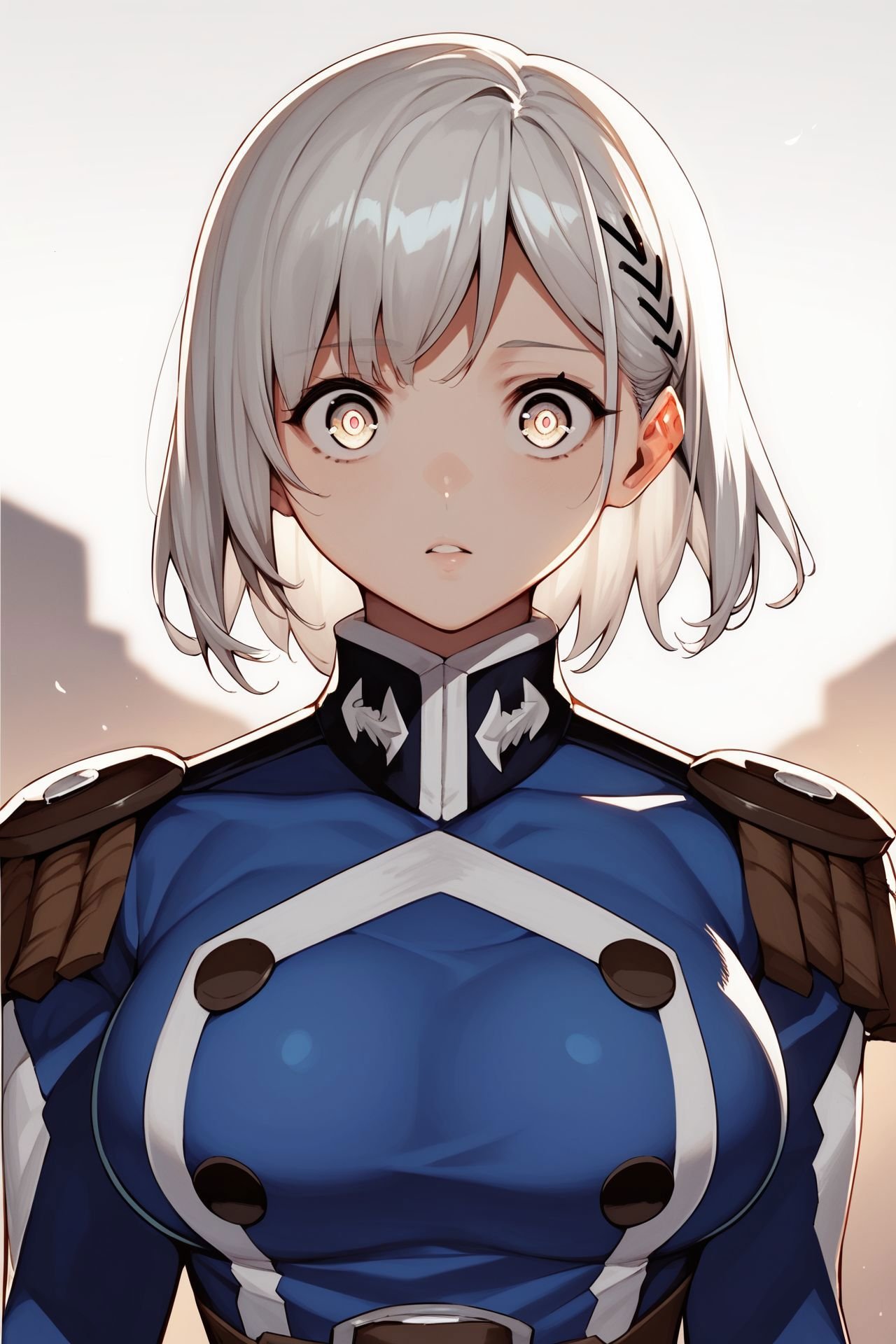 score_9, score_8_up, score_7_up, 1girl, wide-eyed, white hair, asymmetrical_bangs, multi-tied_hair, bronze eyes, large breasts, uniform, outdoors,  frontlighting <lora:Takemura_Youhei_PonyXL_style_v01:1>