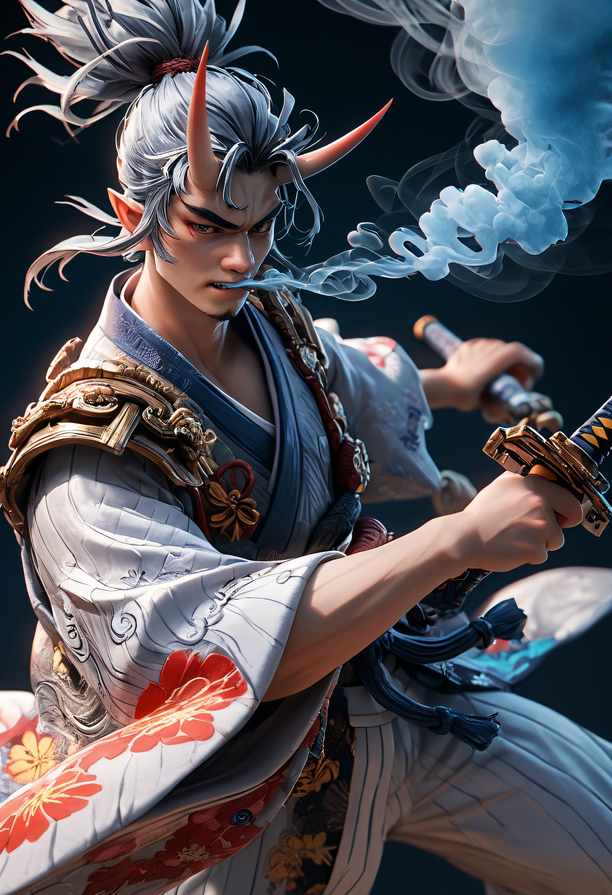 score_9, score_8_up, score_7_up, (A white Oni with blue smoke, holding up his sword in the air, wearing silver armor and kimono. Detailed illustration with a dynamic background in the style of fantasy art. A digital painting concept design showing a close up shot with ultra high resolution and high detail in sharp focus. An intricate studio photo shoot with highly detailed sharp focus and high quality:1.2), hkwarrior